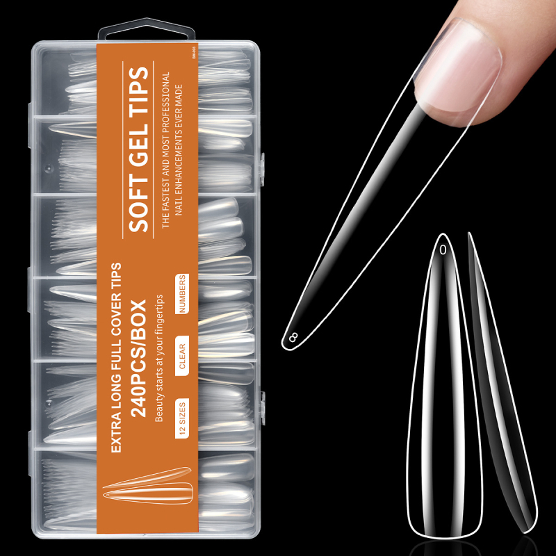 Piiriülene maniküür, ekstra pikad veepiibu küünelapid, võltsküünelapid, 240 tk, karbis, läbipaistev, prantsuse XXXL teksariie