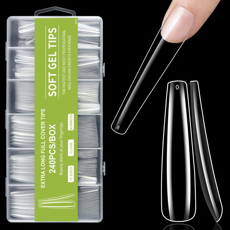 Piiriülene maniküür, ekstra pikad veepiibu küünelapid, võltsküünelapid, 240 tk, karbis, läbipaistev, prantsuse XXXL teksariie