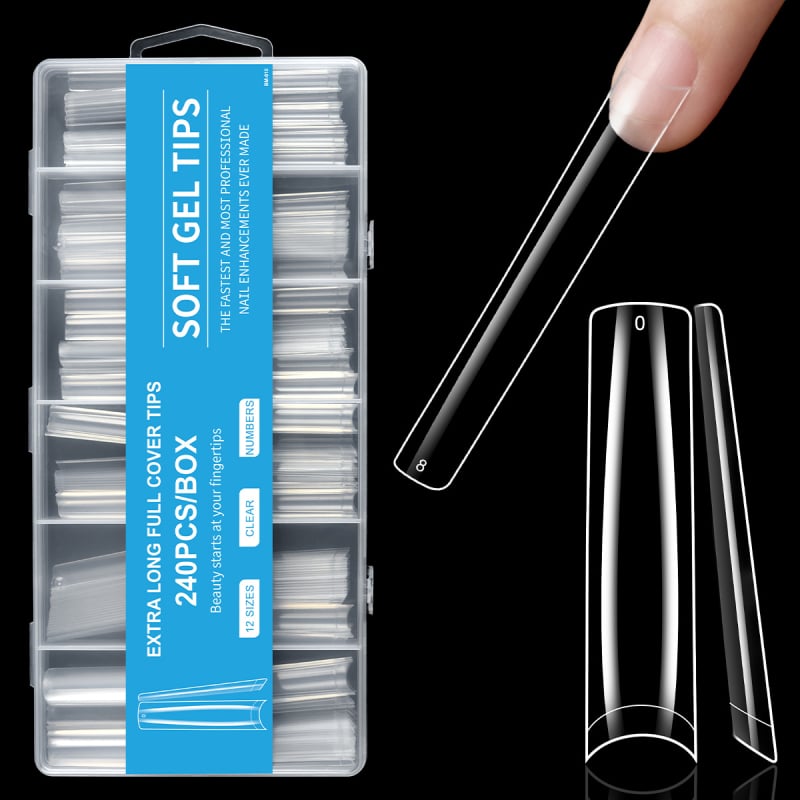 Piiriülene maniküür, ekstra pikad veepiibu küünelapid, võltsküünelapid, 240 tk, karbis, läbipaistev, prantsuse XXXL teksariie