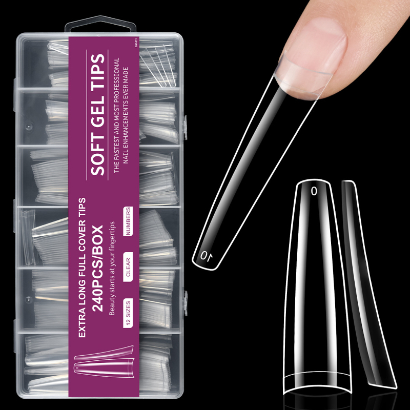 Piiriülene maniküür, ekstra pikad veepiibu küünelapid, võltsküünelapid, 240 tk, karbis, läbipaistev, prantsuse XXXL teksariie