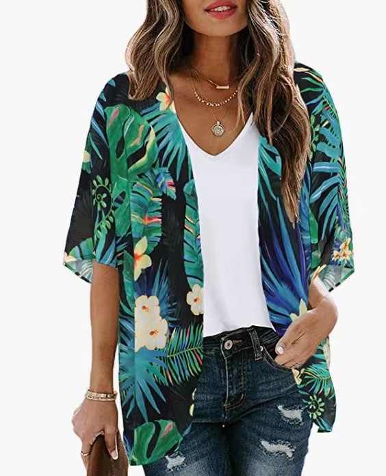 2023 Amazon Euroopa ja Ameerika piiriülene väliskaubandus Uus kuum šifoonist puhkusekardigan trükitud päikesekaitsekreemiga rannapluus