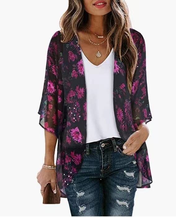 2023 Amazon Euroopa ja Ameerika piiriülene väliskaubandus Uus kuum šifoonist puhkusekardigan trükitud päikesekaitsekreemiga rannapluus