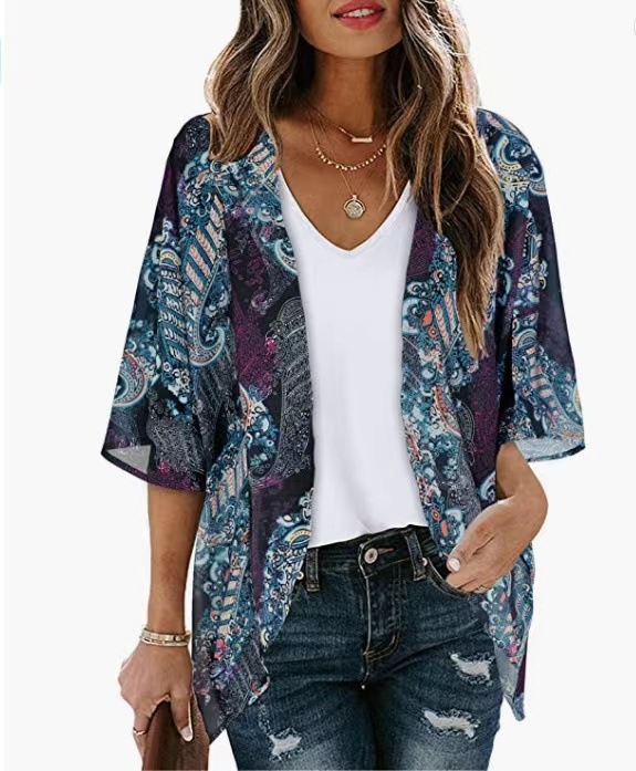 2023 Amazon Euroopa ja Ameerika piiriülene väliskaubandus Uus kuum šifoonist puhkusekardigan trükitud päikesekaitsekreemiga rannapluus