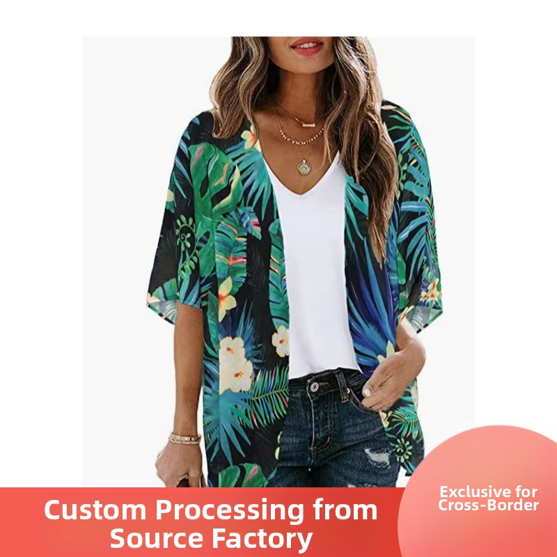 2023 Amazon Euroopa ja Ameerika piiriülene väliskaubandus Uus kuum šifoonist puhkusekardigan trükitud päikesekaitsekreemiga rannapluus