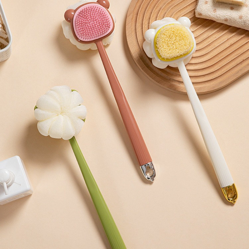 Pika käepidemega küürimishari kahepoolne pehmete karvadega silikoonist vannihari keha puhastamiseks vannihari selja hõõrumiseks artefaktihari hulgimüük