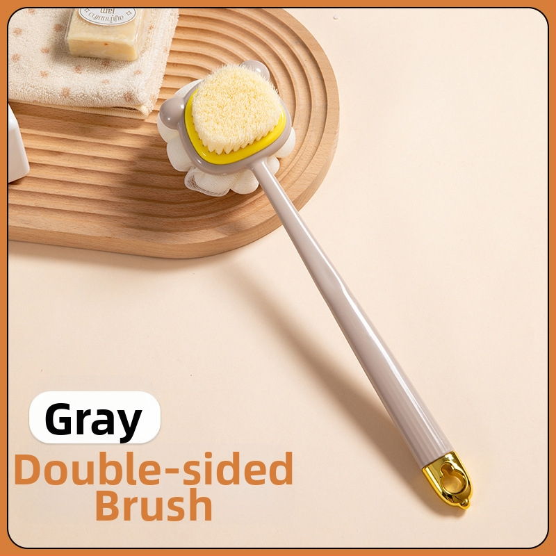 Pika käepidemega küürimishari kahepoolne pehmete karvadega silikoonist vannihari keha puhastamiseks vannihari selja hõõrumiseks artefaktihari hulgimüük