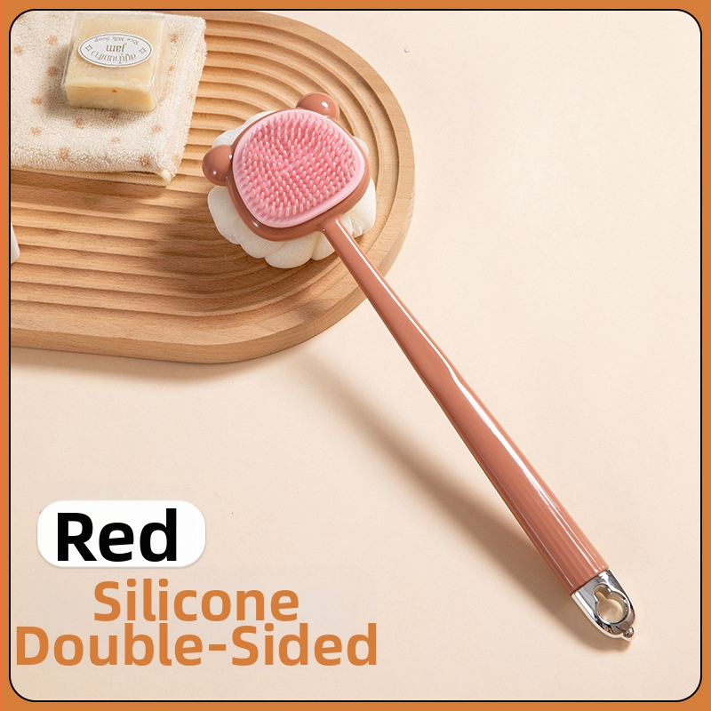 Pika käepidemega küürimishari kahepoolne pehmete karvadega silikoonist vannihari keha puhastamiseks vannihari selja hõõrumiseks artefaktihari hulgimüük