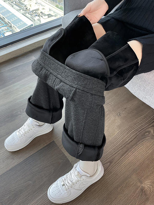 [2471] Naiste sügis- ja talvepüksid, uued sirged püksid, kõrge vöökohaga, paksendatud kalasabamustriga sametist laiad püksid