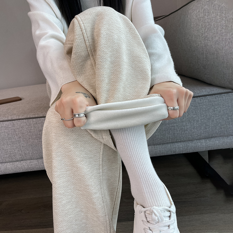 [2471] Naiste sügis- ja talvepüksid, uued sirged püksid, kõrge vöökohaga, paksendatud kalasabamustriga sametist laiad püksid