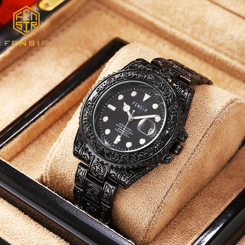 Guochao nikerdatud Fen Shi 2021 tahke terasest ribaga kalendriga kvartskella moodne meeste käekell tehase hulgimüügist suure numbrilauaga