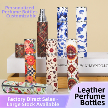 10 ml ėriuko odos vintažinio rašto odinis kvepalų buteliukas su spausdintu aukštos klasės nešiojamu kelioniniu purškimo buteliuku