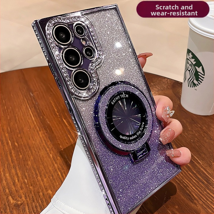 Vhodné pre ochranné puzdro Samsung S25, puzdro na mobilný telefón Edge Drill, priehľadný magnetický držiak s kamienkami, trblietavý prášok proti pádu, S24