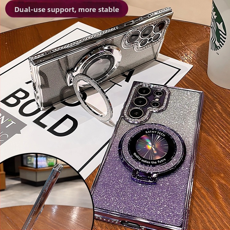 Vhodné pre ochranné puzdro Samsung S25, puzdro na mobilný telefón Edge Drill, priehľadný magnetický držiak s kamienkami, trblietavý prášok proti pádu, S24