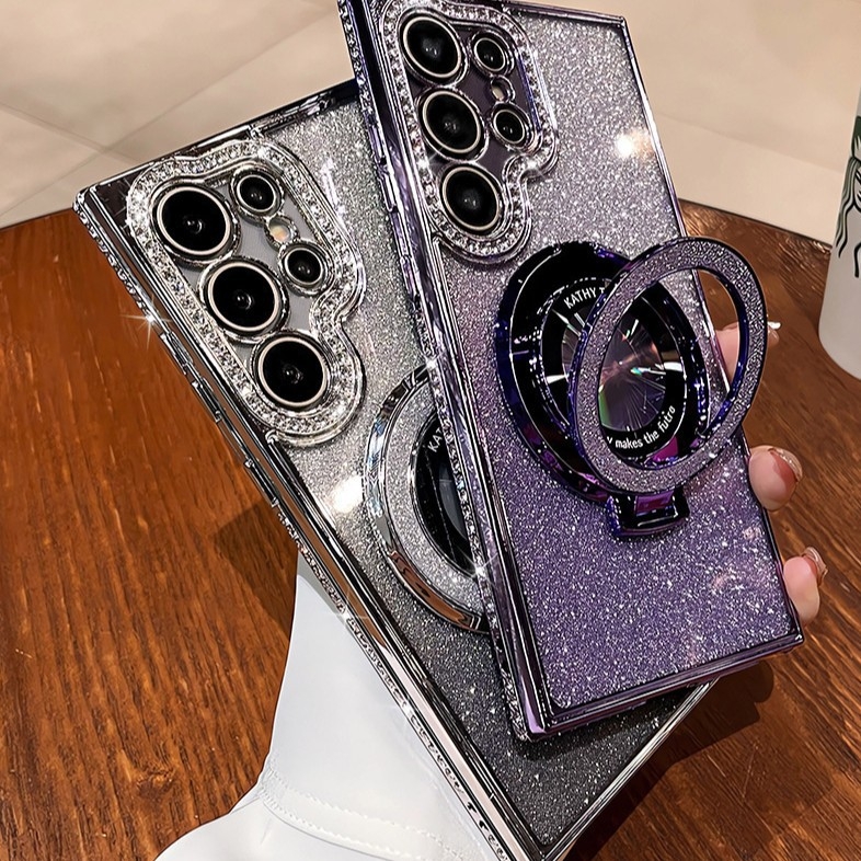 Sobib Samsung S25 kaitseümbrisele S22 servapuuriga mobiiltelefoniümbrisele S24 läbipaistvale kivikestega magnetilisele hoidikule A56 kukkumisvastase sädeleva pulbriga