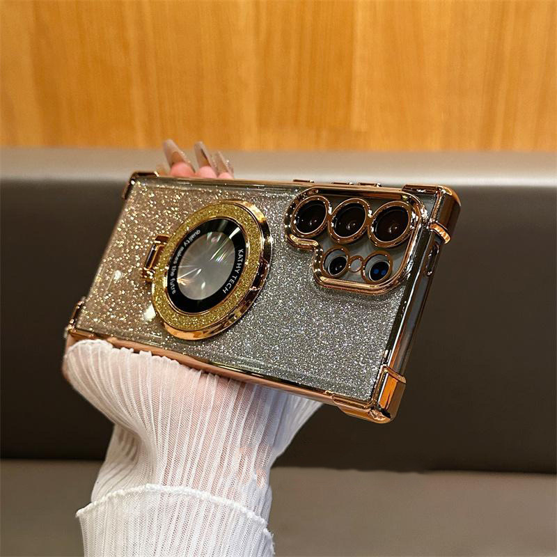 Sobib Samsung S25 kaitseümbrisele S22 servapuuriga mobiiltelefoniümbrisele S24 läbipaistvale kivikestega magnetilisele hoidikule A56 kukkumisvastase sädeleva pulbriga