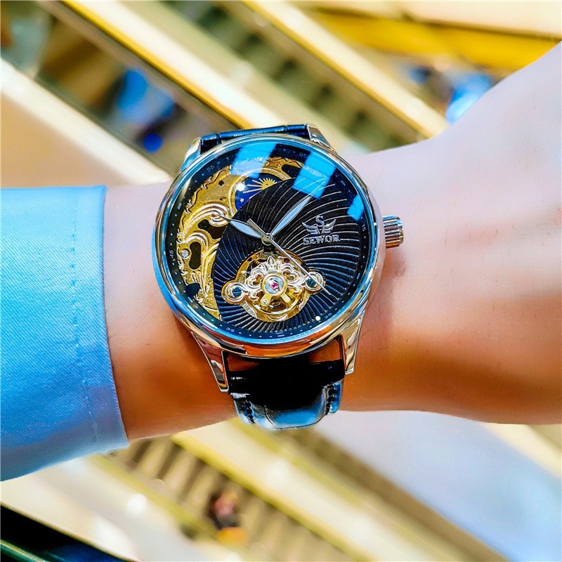 SEWOR vīriešu automātiskais mehāniskais pulkstenis vīriešu pulkstenis dobs Tourbillon gaismas ūdensizturīgs biznesa retro vīriešu pulkstenis