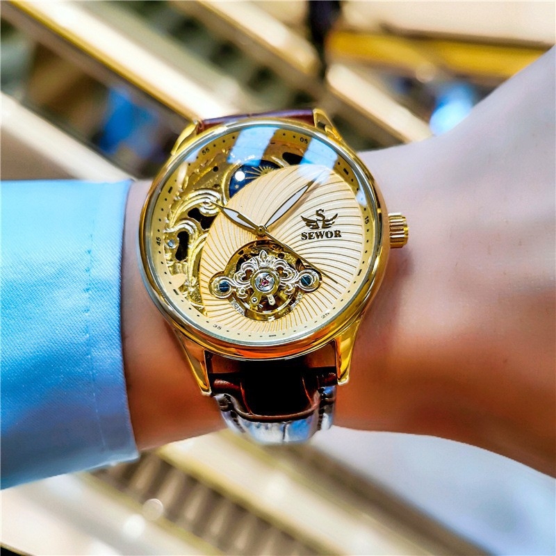 SEWOR vīriešu automātiskais mehāniskais pulkstenis vīriešu pulkstenis dobs Tourbillon gaismas ūdensizturīgs biznesa retro vīriešu pulkstenis