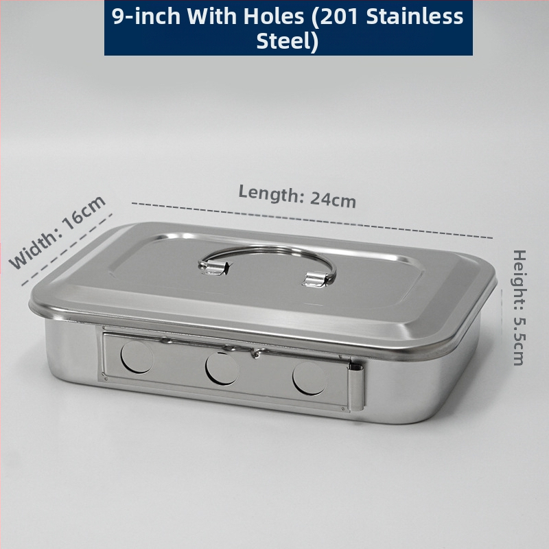 Dezinfekčná krabička z nehrdzavejúcej ocele 304 s vekom a otvormi, vatový obväz, chirurgická dezinfekcia, štvorcová doska na chirurgické nástroje