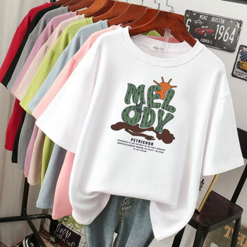 Suvine uus moodne T-särk vabaaja nišš, lühikeste varrukatega, naiste Korea stiilis keskmise pikkusega lahtine tudengitüdrukute alussärk