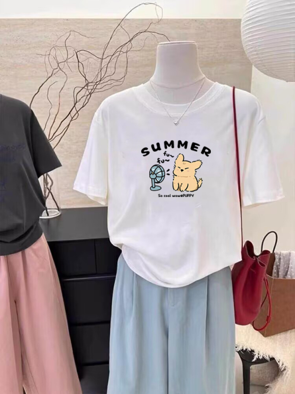 Suvine uus moodne T-särk vabaaja nišš, lühikeste varrukatega, naiste Korea stiilis keskmise pikkusega lahtine tudengitüdrukute alussärk