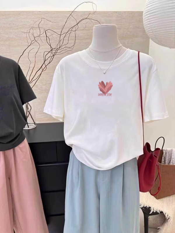 Suvine uus moodne T-särk vabaaja nišš, lühikeste varrukatega, naiste Korea stiilis keskmise pikkusega lahtine tudengitüdrukute alussärk