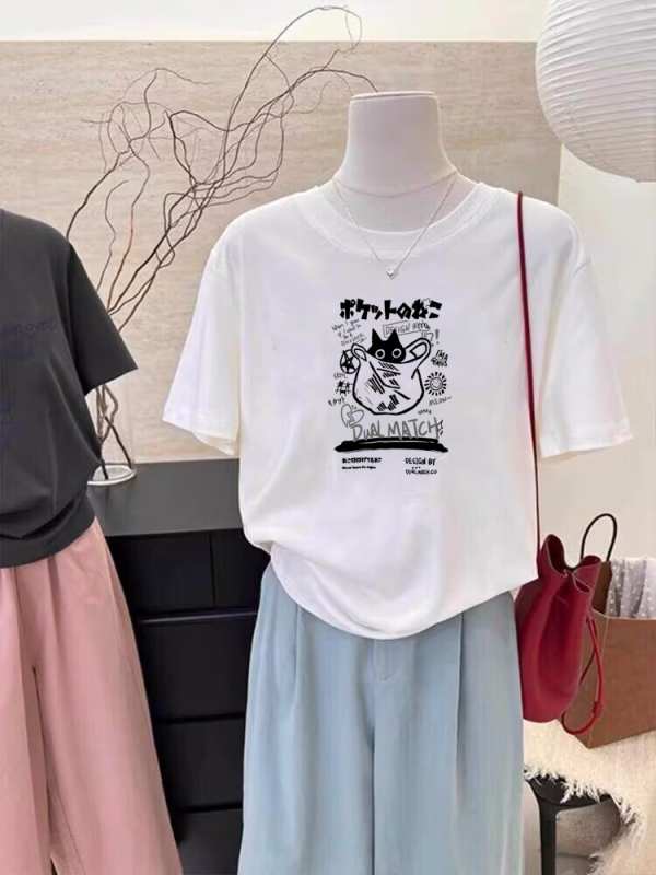 Suvine uus moodne T-särk vabaaja nišš, lühikeste varrukatega, naiste Korea stiilis keskmise pikkusega lahtine tudengitüdrukute alussärk