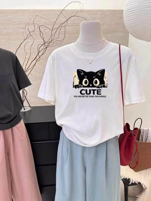 Suvine uus moodne T-särk vabaaja nišš, lühikeste varrukatega, naiste Korea stiilis keskmise pikkusega lahtine tudengitüdrukute alussärk