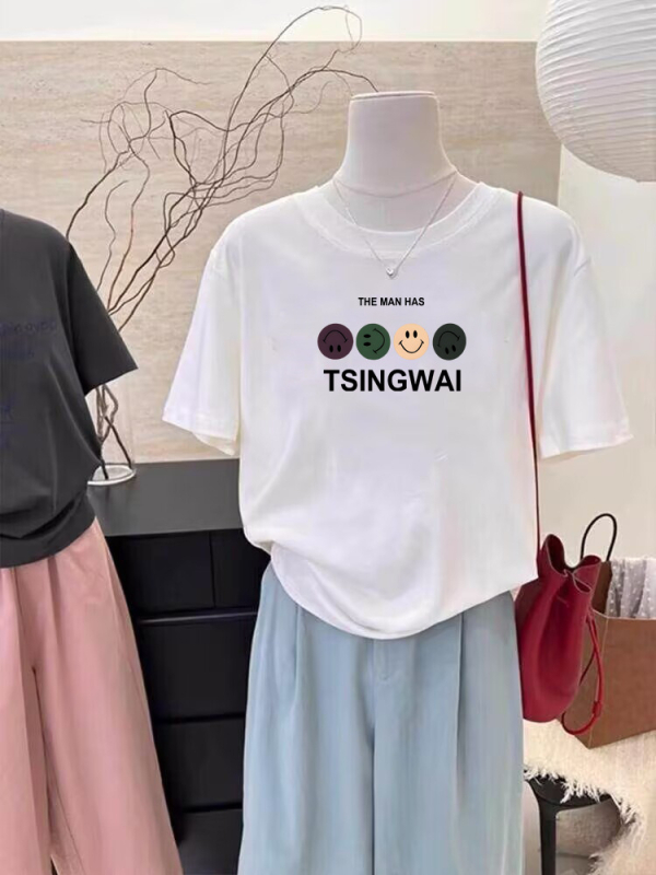 Suvine uus moodne T-särk vabaaja nišš, lühikeste varrukatega, naiste Korea stiilis keskmise pikkusega lahtine tudengitüdrukute alussärk