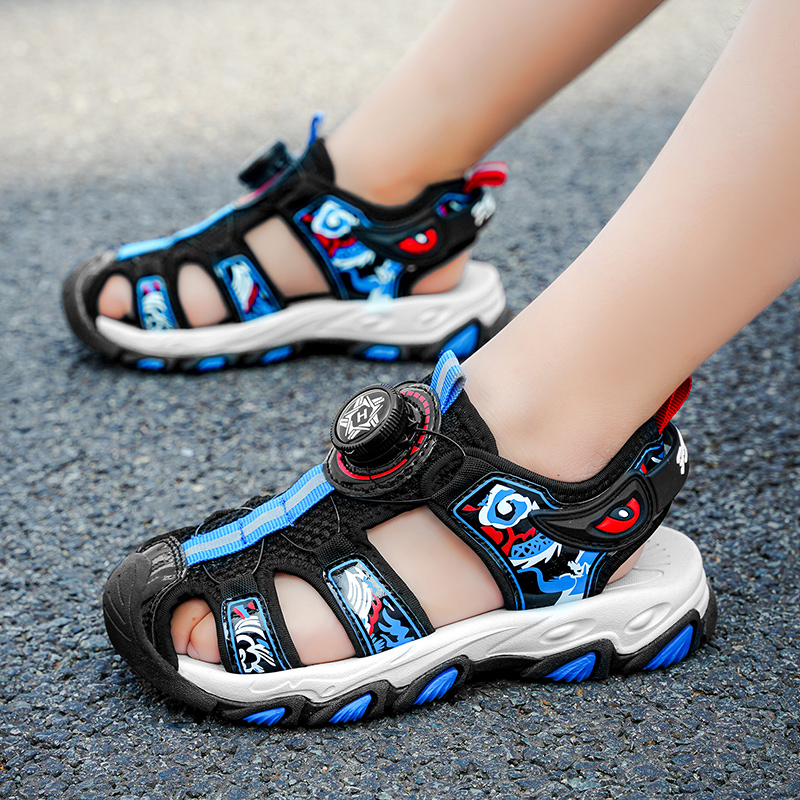 Zēnu aptinamās sandales ar jaunām, grozāmām pogām, vidēji lielām, bērnu pludmales kurpēm ar mīkstu zoli