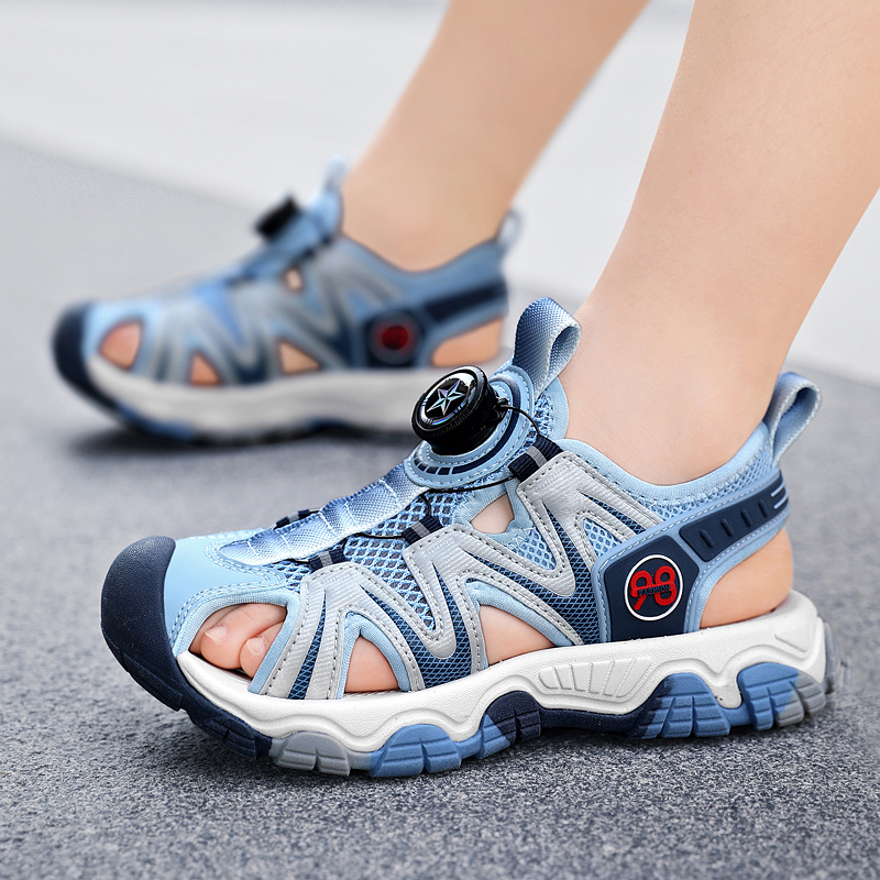 Zēnu aptinamās sandales ar jaunām, grozāmām pogām, vidēji lielām, bērnu pludmales kurpēm ar mīkstu zoli