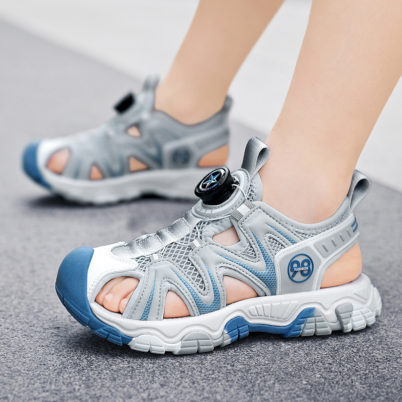 Zēnu aptinamās sandales ar jaunām, grozāmām pogām, vidēji lielām, bērnu pludmales kurpēm ar mīkstu zoli