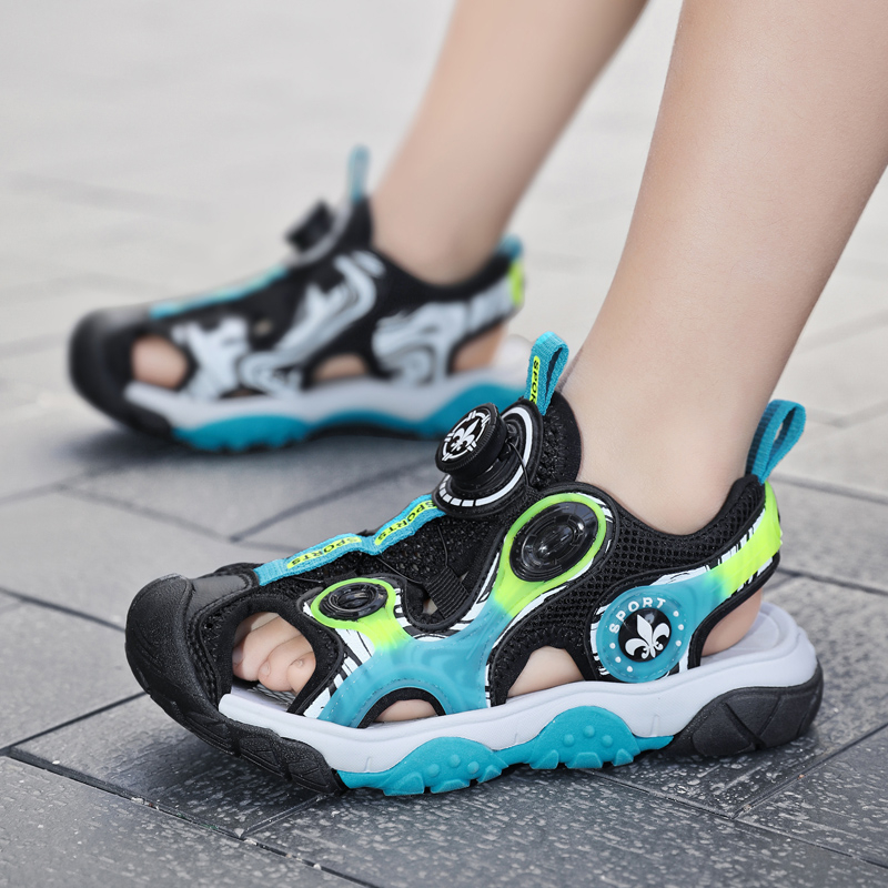 Zēnu aptinamās sandales ar jaunām, grozāmām pogām, vidēji lielām, bērnu pludmales kurpēm ar mīkstu zoli