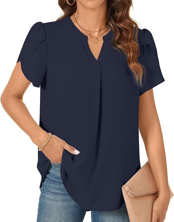 Naiste V-kaelusega lühikeste varrukatega šifoonist pluus vabaaja õhuline