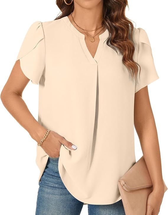 Naiste V-kaelusega lühikeste varrukatega šifoonist pluus vabaaja õhuline