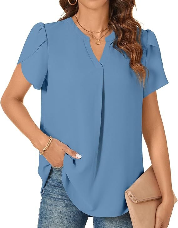 Naiste V-kaelusega lühikeste varrukatega šifoonist pluus vabaaja õhuline