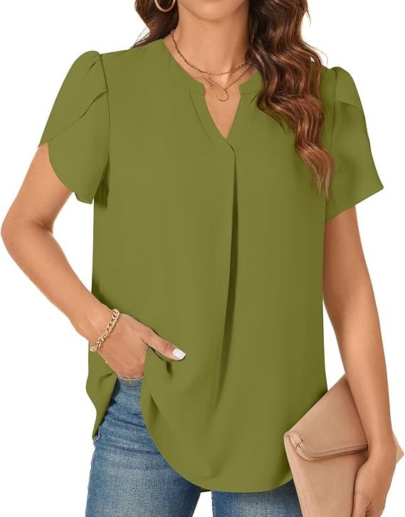 Naiste V-kaelusega lühikeste varrukatega šifoonist pluus vabaaja õhuline