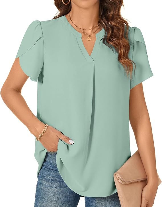 Naiste V-kaelusega lühikeste varrukatega šifoonist pluus vabaaja õhuline