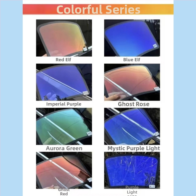 Популярно цветно слънчево фолио за предна изолация, лилаво, светло синьо, розово, призрак, фолио за автомобилни прозорци, висока изолация и висока разделителна способност