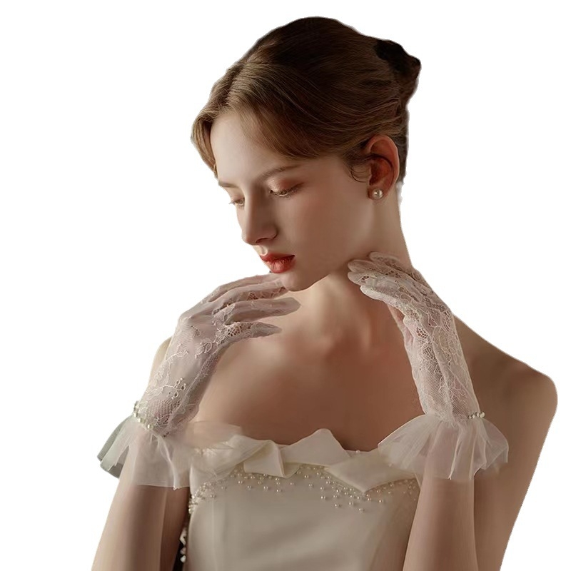 pruudi pulmakleit pitsist Korea prantsuse lühike tüll läbipaistev õrn pitskomplekt pärlkindad