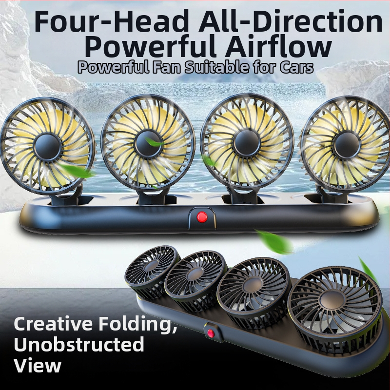Nový štvorhlavý elektrický ventilátor do auta, 360-stupňový otočný skladací silný chladiaci mini ventilátor do auta