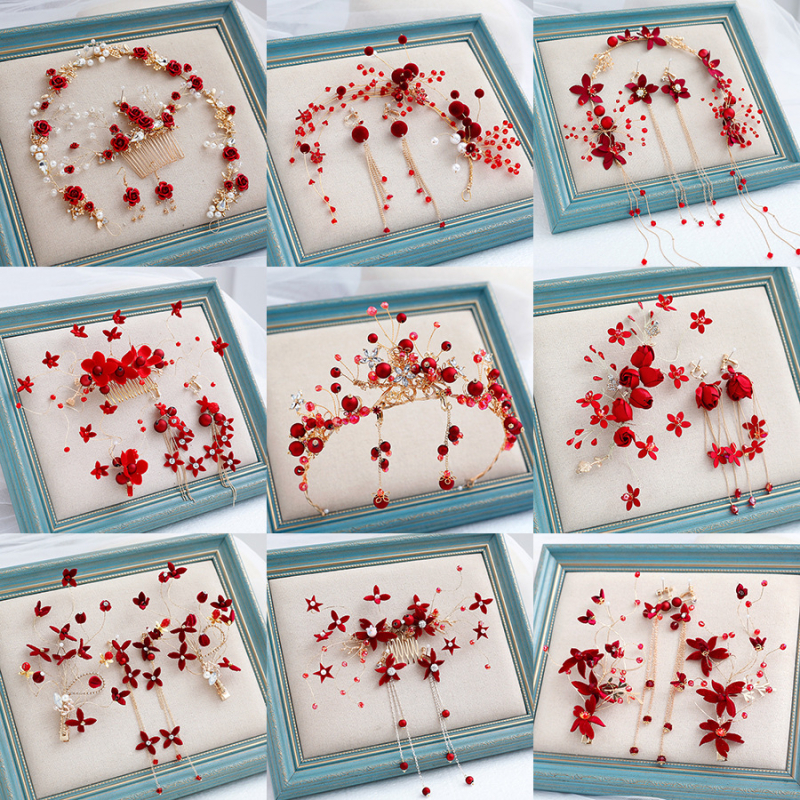 He Xuan 2024 kinų raudono naujo stiliaus skrebučio galvos apdangalas, Mori super fėjos galvos juosta, auskarai, tinkantis vestuvinei vakarinei suknelei