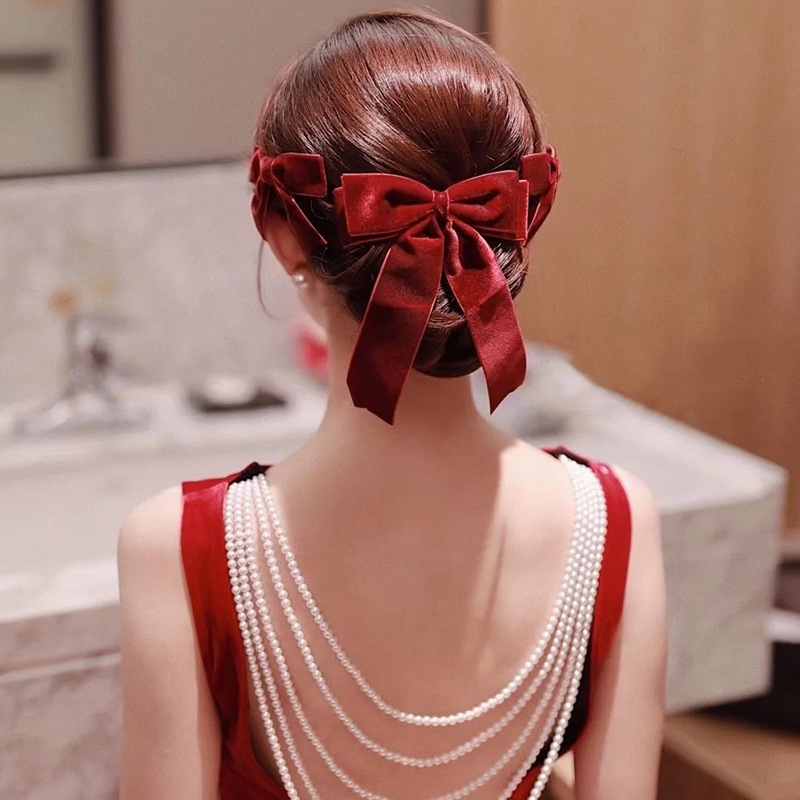 He Xuan 2024 kinų raudono naujo stiliaus skrebučio galvos apdangalas, Mori super fėjos galvos juosta, auskarai, tinkantis vestuvinei vakarinei suknelei