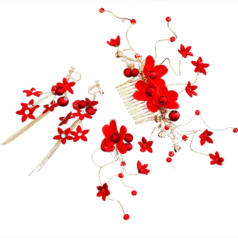 He Xuan 2024 kinų raudono naujo stiliaus skrebučio galvos apdangalas, Mori super fėjos galvos juosta, auskarai, tinkantis vestuvinei vakarinei suknelei