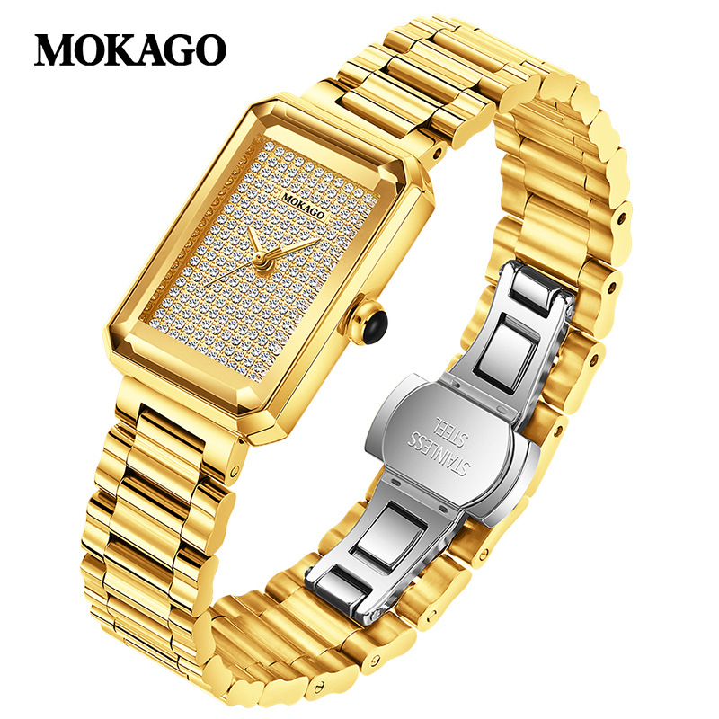 Moxi tipptasemel retrokvartskell elegantse ilmega, täisteemantidega ristkülikukujuline naistekell tööle-, äri- ja vabaajarõivasteks.