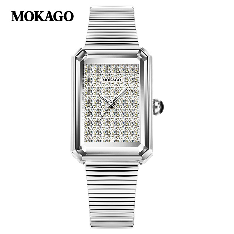 Moxi tipptasemel retrokvartskell elegantse ilmega, täisteemantidega ristkülikukujuline naistekell tööle-, äri- ja vabaajarõivasteks.