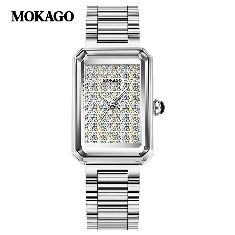 Moxi augstas klases retro kvarca pulkstenis ar izsmalcinātības sajūtu, pilnībā ar dimantiem rotāts taisnstūrveida sieviešu pulkstenis ikdienas lietošanai, biznesam un ikdienas valkāšanai.