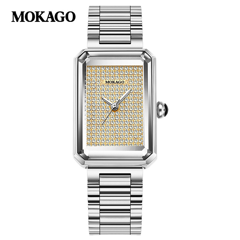 Moxi augstas klases retro kvarca pulkstenis ar izsmalcinātības sajūtu, pilnībā ar dimantiem rotāts taisnstūrveida sieviešu pulkstenis ikdienas lietošanai, biznesam un ikdienas valkāšanai.