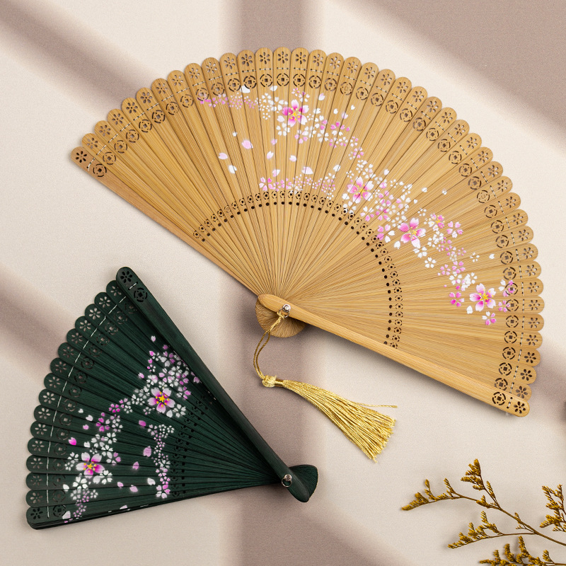 Hulgimüük Hiina stiilis täisbambusest nikerdatud õõnes Jaapani stiilis antiikne kokkupandav lehvik meestele ja naistele, käsitöö, punane ja must väike tantsulehv