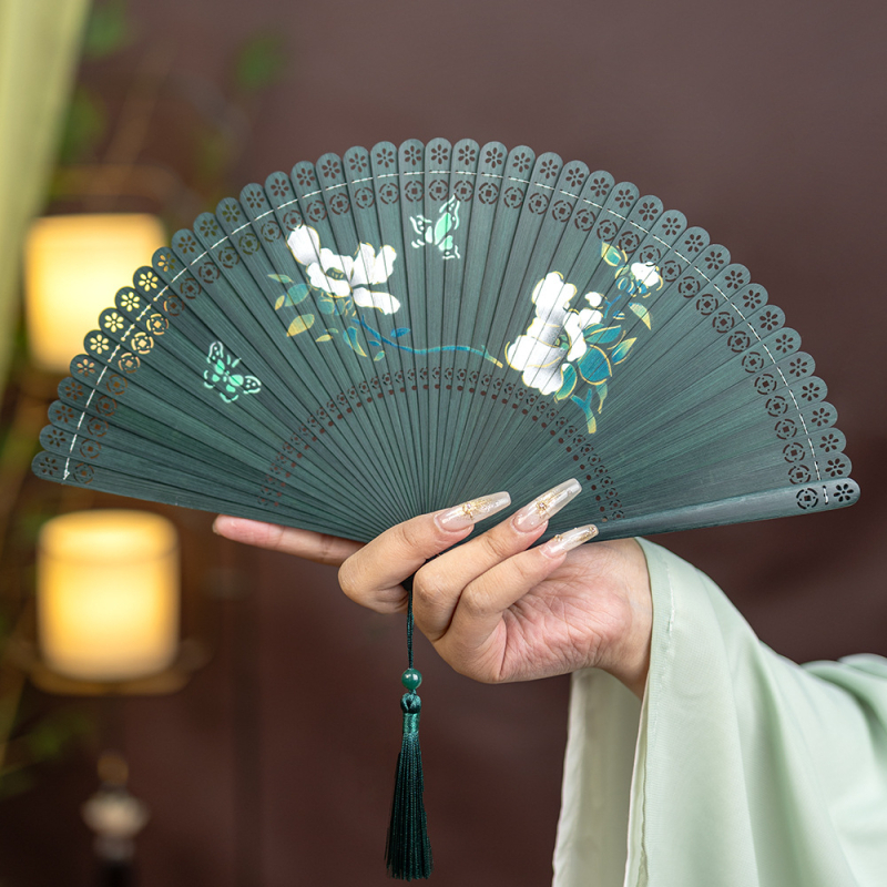 Hulgimüük Hiina stiilis täisbambusest nikerdatud õõnes Jaapani stiilis antiikne kokkupandav lehvik meestele ja naistele, käsitöö, punane ja must väike tantsulehv