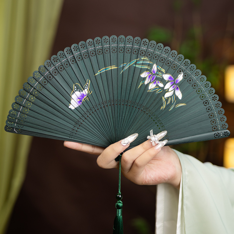 Hulgimüük Hiina stiilis täisbambusest nikerdatud õõnes Jaapani stiilis antiikne kokkupandav lehvik meestele ja naistele, käsitöö, punane ja must väike tantsulehv